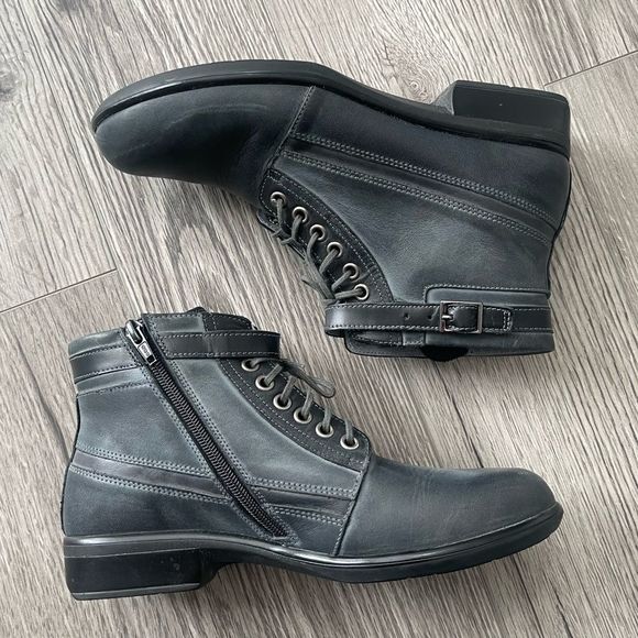 Naot Shoes - Naot Boot 38 7 Gray Black Leather Ankle Combat Heel Shoe Fall Casual Zip Booties